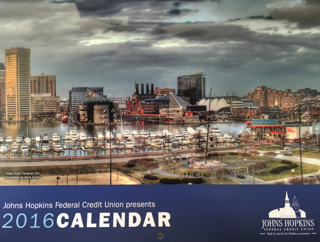 JHFCU 2016 Calendar with a cropped portion of my Baltimore Inner Harbor Panorama