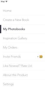 Home , Create a New Book, My Photobooks, Inspiration Gallery, My Orders, Invite Friends, Like Nowvel? Rate Us!, About the Product, and Settings.